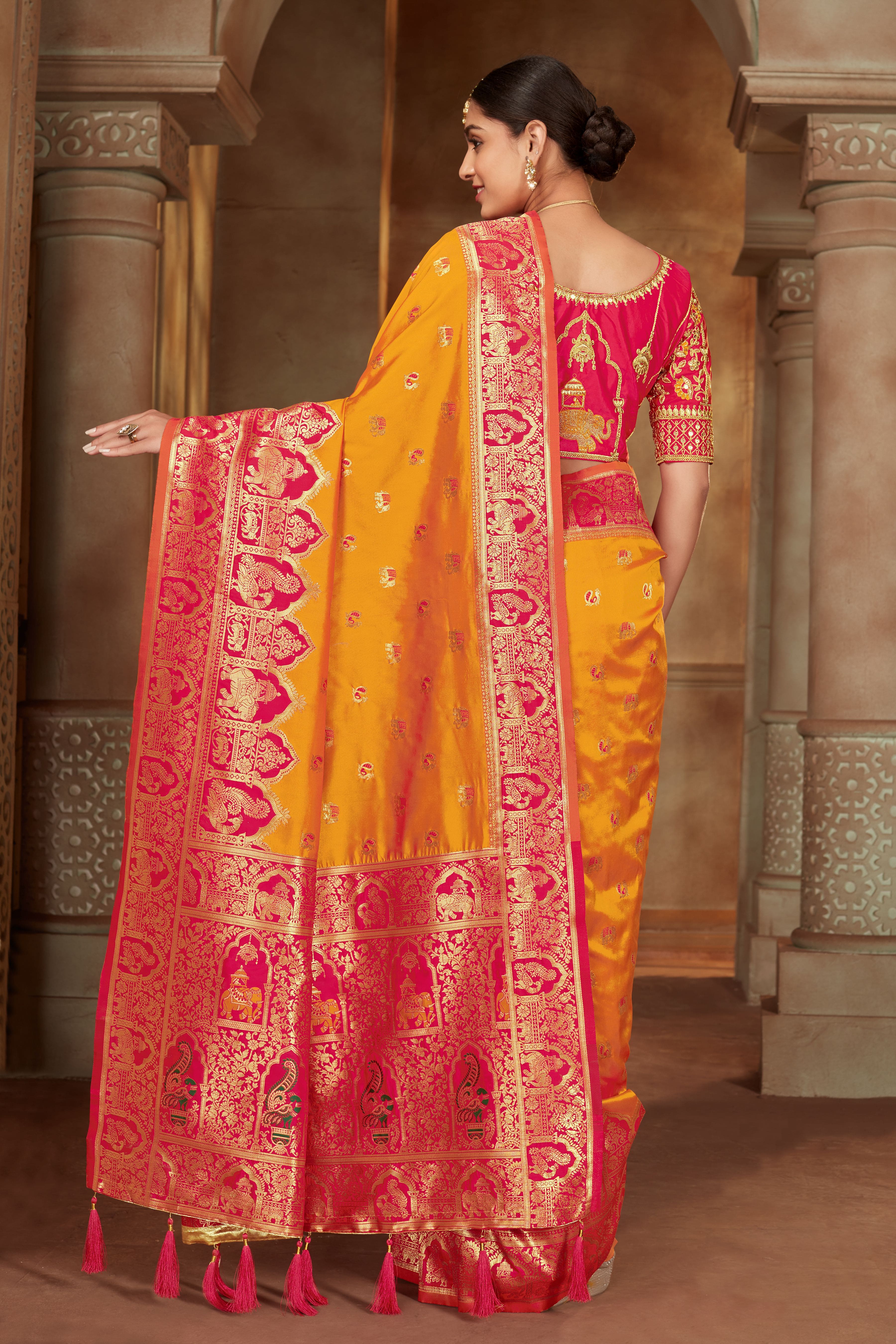 MANOHARI Banarasi Silk Blend Jacquard Work Saree - Yellow - Dista