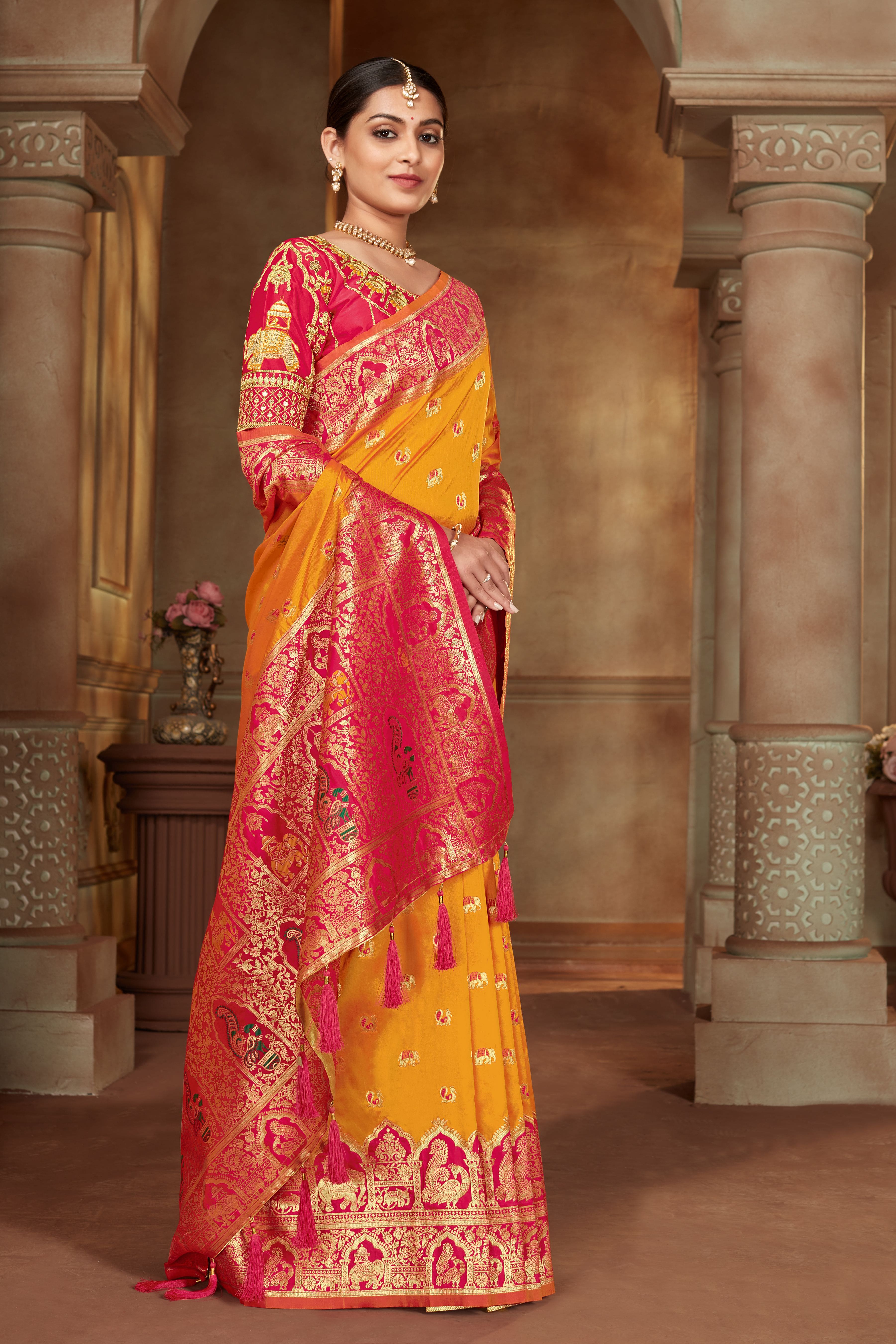 MANOHARI Banarasi Silk Blend Jacquard Work Saree - Yellow - Dista