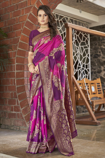 MANOHARI Banarasi Silk Blend Jacquard Work Saree - Purple - Dista