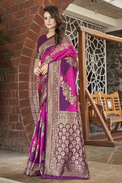 MANOHARI Banarasi Silk Blend Jacquard Work Saree - Purple - Dista