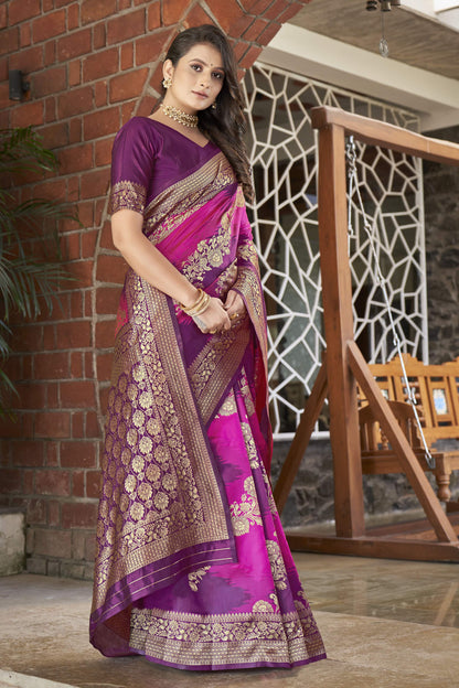 MANOHARI Banarasi Silk Blend Jacquard Work Saree - Purple - Dista