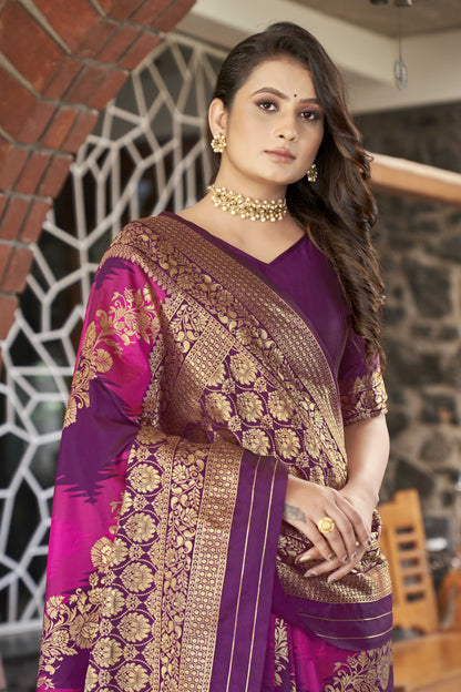 MANOHARI Banarasi Silk Blend Jacquard Work Saree - Purple - Dista