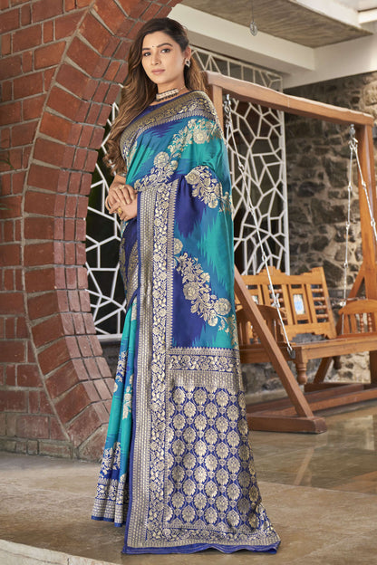 MANOHARI Banarasi Silk Blend Jacquard Work Saree - Blue - Dista