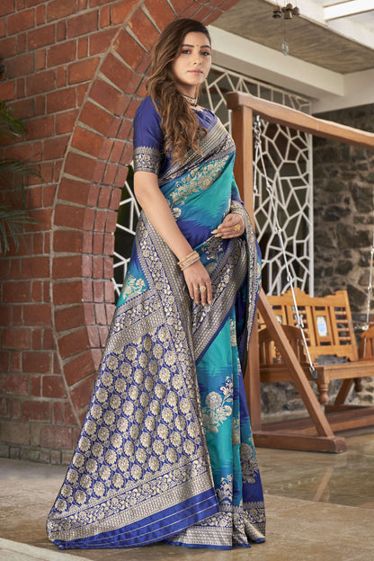 MANOHARI Banarasi Silk Blend Jacquard Work Saree - Blue - Dista