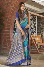 Thumbnail for MANOHARI Banarasi Silk Blend Jacquard Work Saree - Blue - Dista
