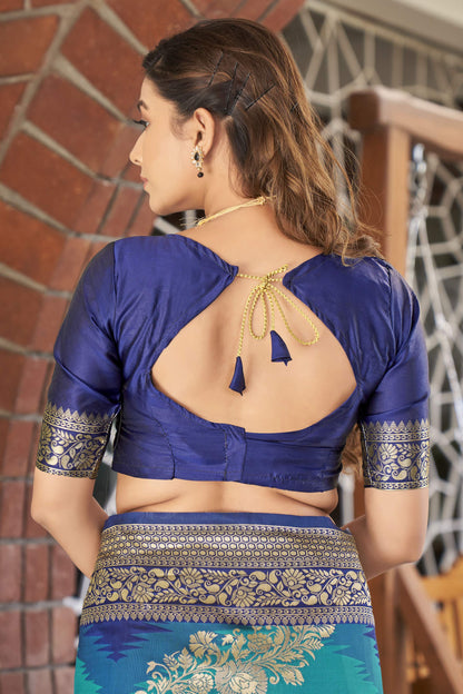 MANOHARI Banarasi Silk Blend Jacquard Work Saree - Blue - Dista