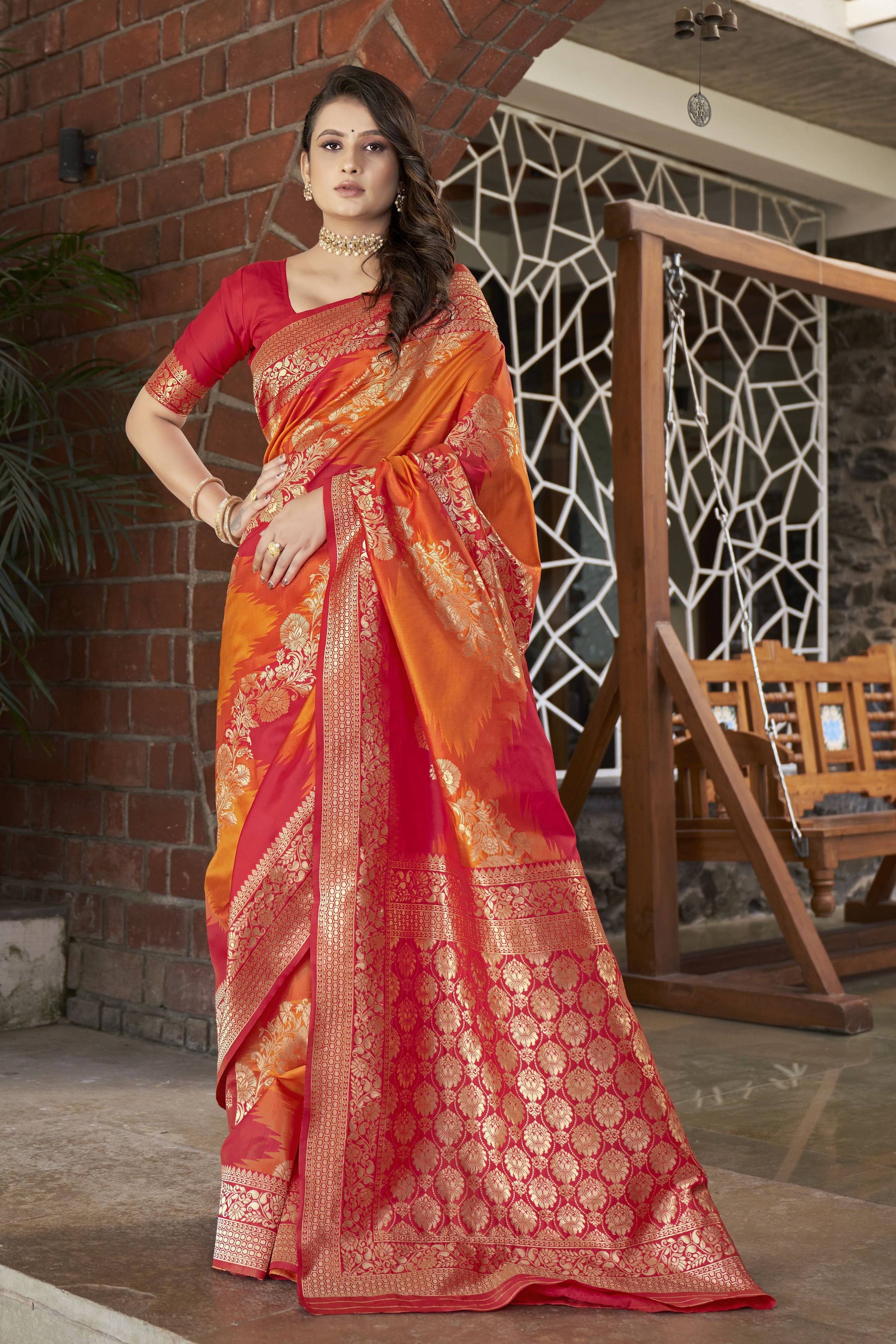 MANOHARI Banarasi Silk Blend Jacquard Work Saree - Orange - Dista