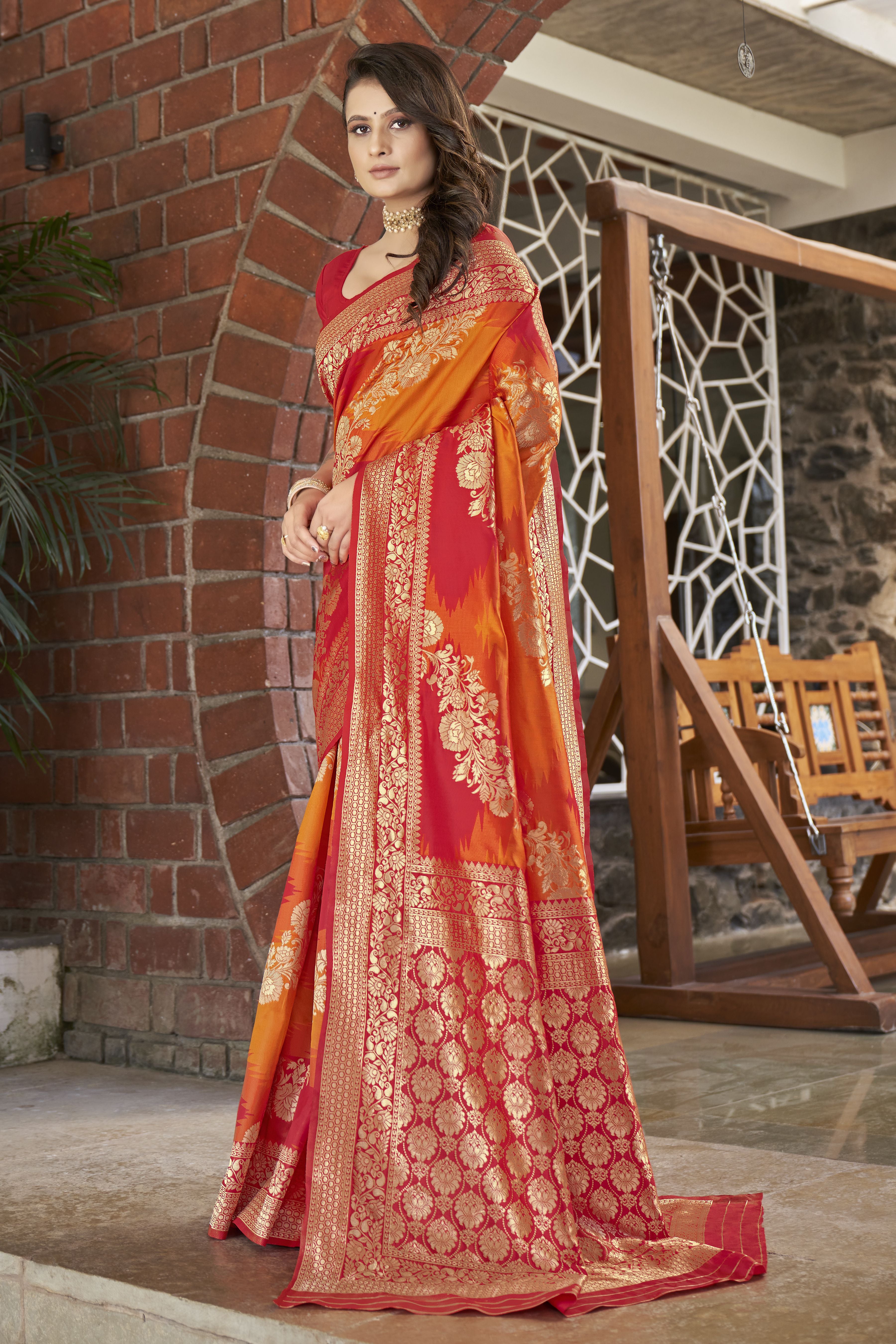 MANOHARI Banarasi Silk Blend Jacquard Work Saree - Orange - Dista