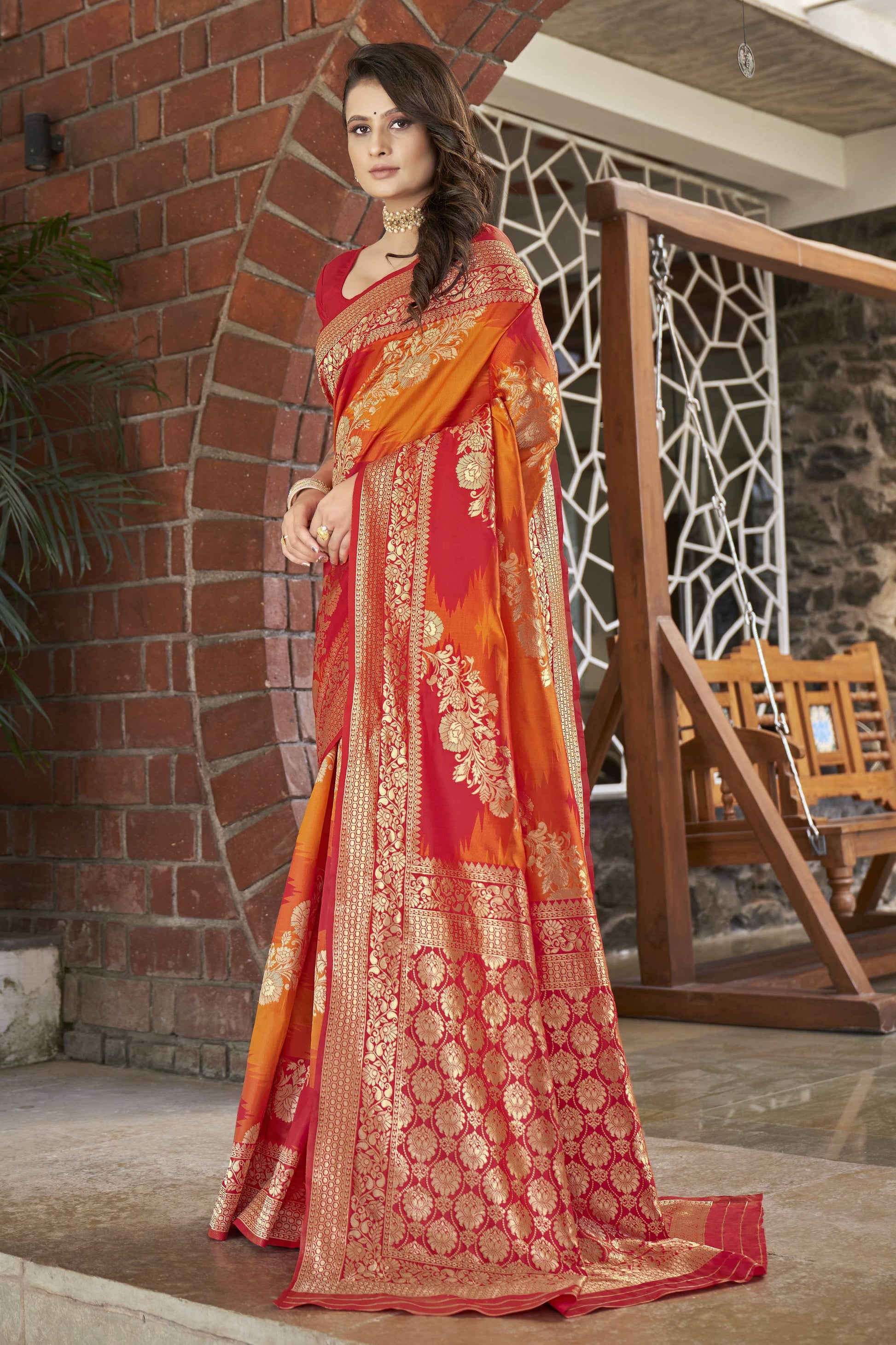 MANOHARI Banarasi Silk Blend Jacquard Work Saree - Orange - Dista