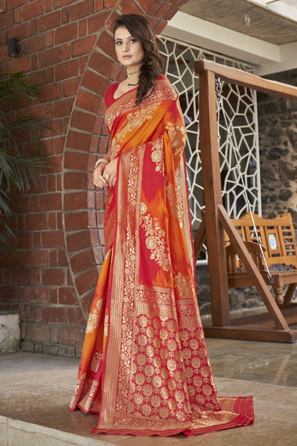 MANOHARI Banarasi Silk Blend Jacquard Work Saree - Orange - Dista