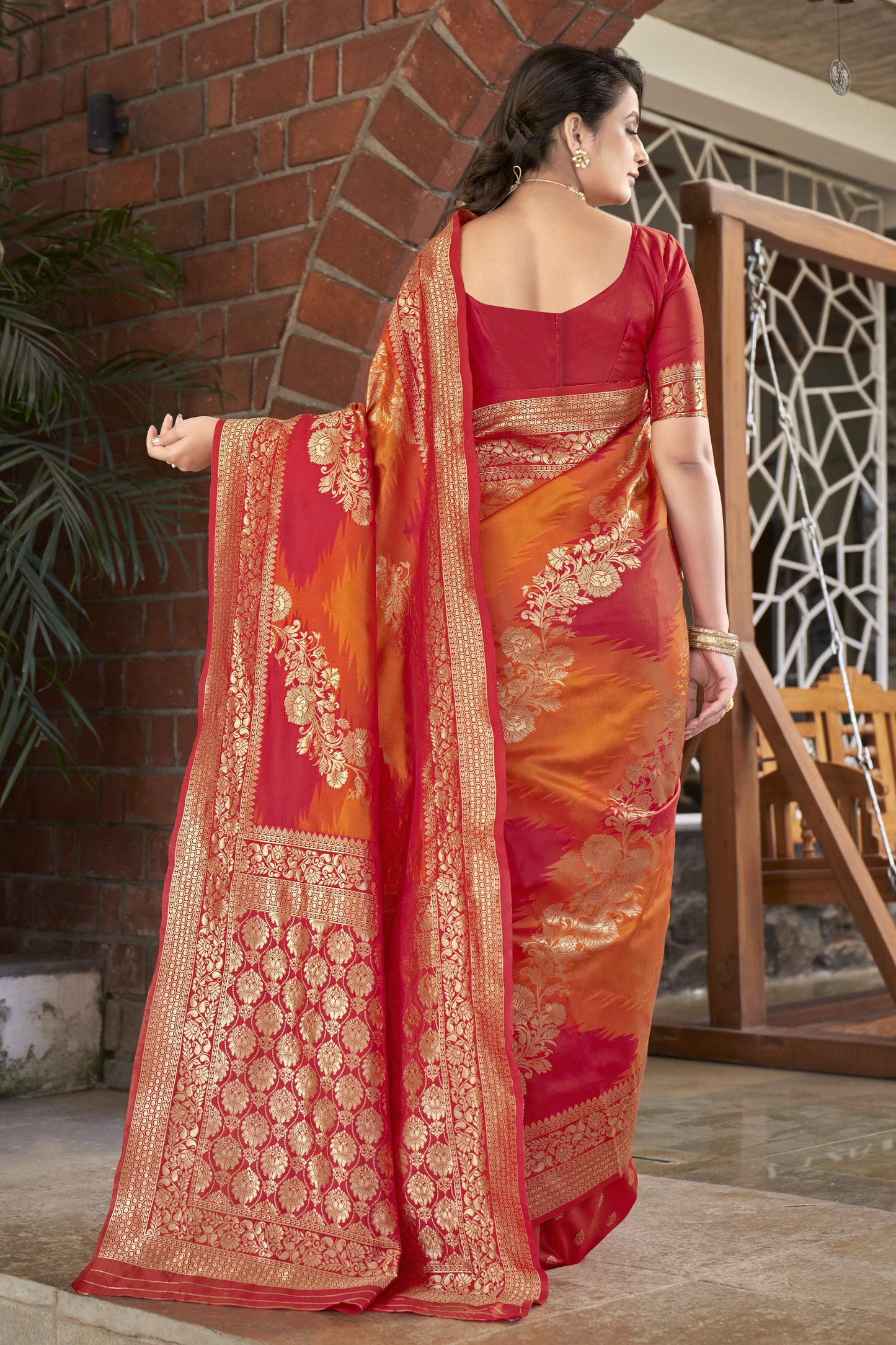 MANOHARI Banarasi Silk Blend Jacquard Work Saree - Orange - Dista