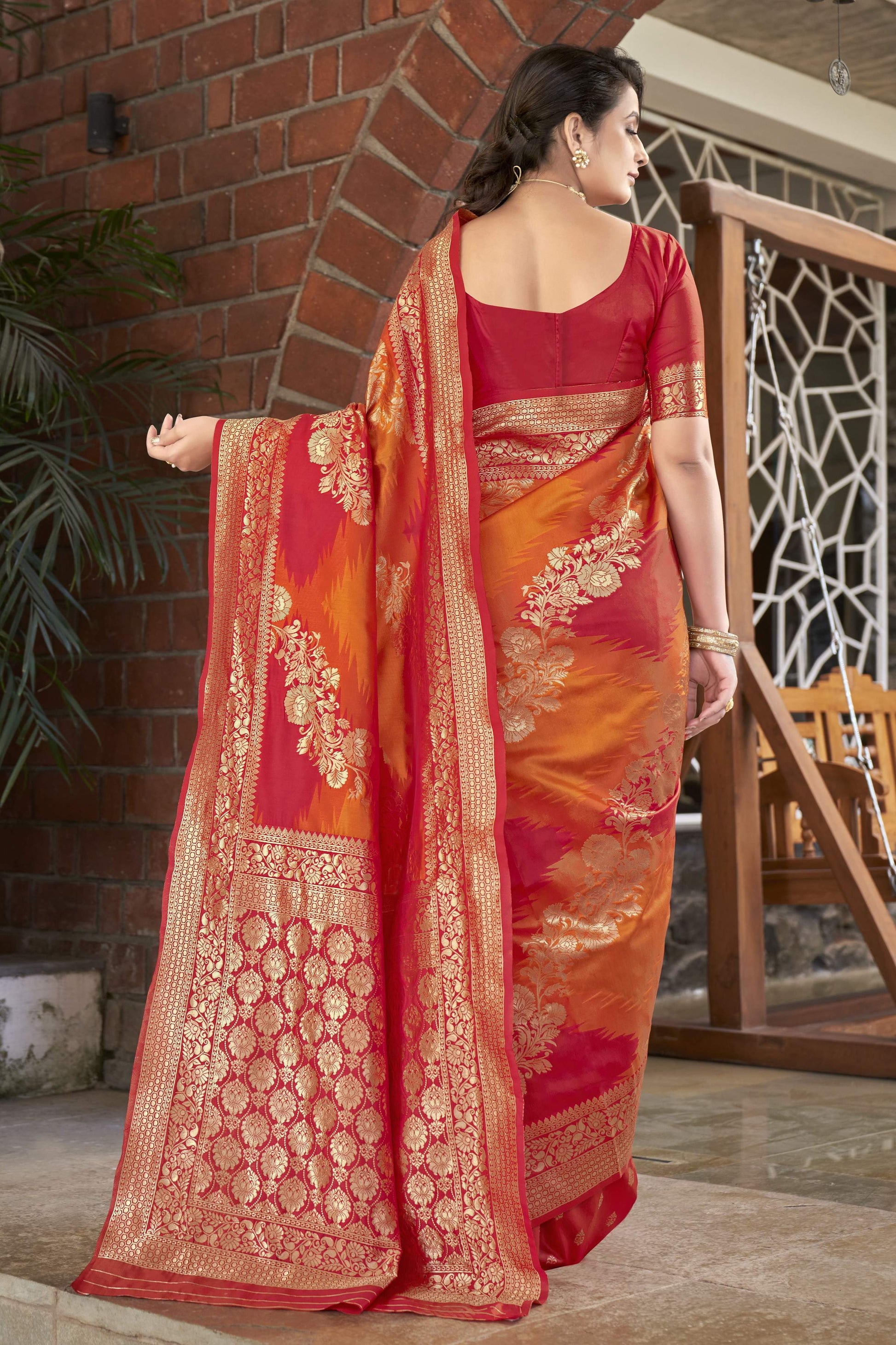 MANOHARI Banarasi Silk Blend Jacquard Work Saree - Orange - Dista