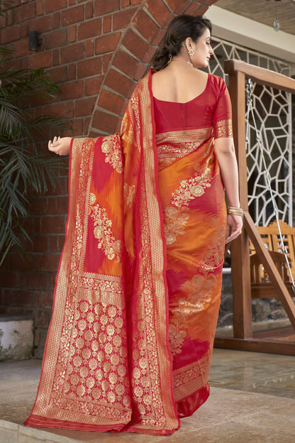 MANOHARI Banarasi Silk Blend Jacquard Work Saree - Orange - Dista