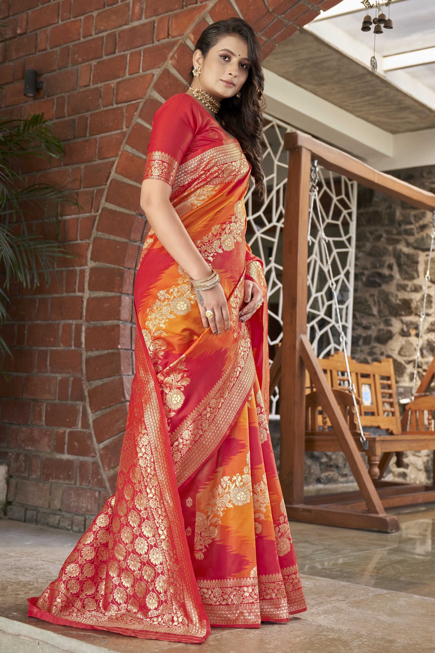 MANOHARI Banarasi Silk Blend Jacquard Work Saree - Orange - Dista