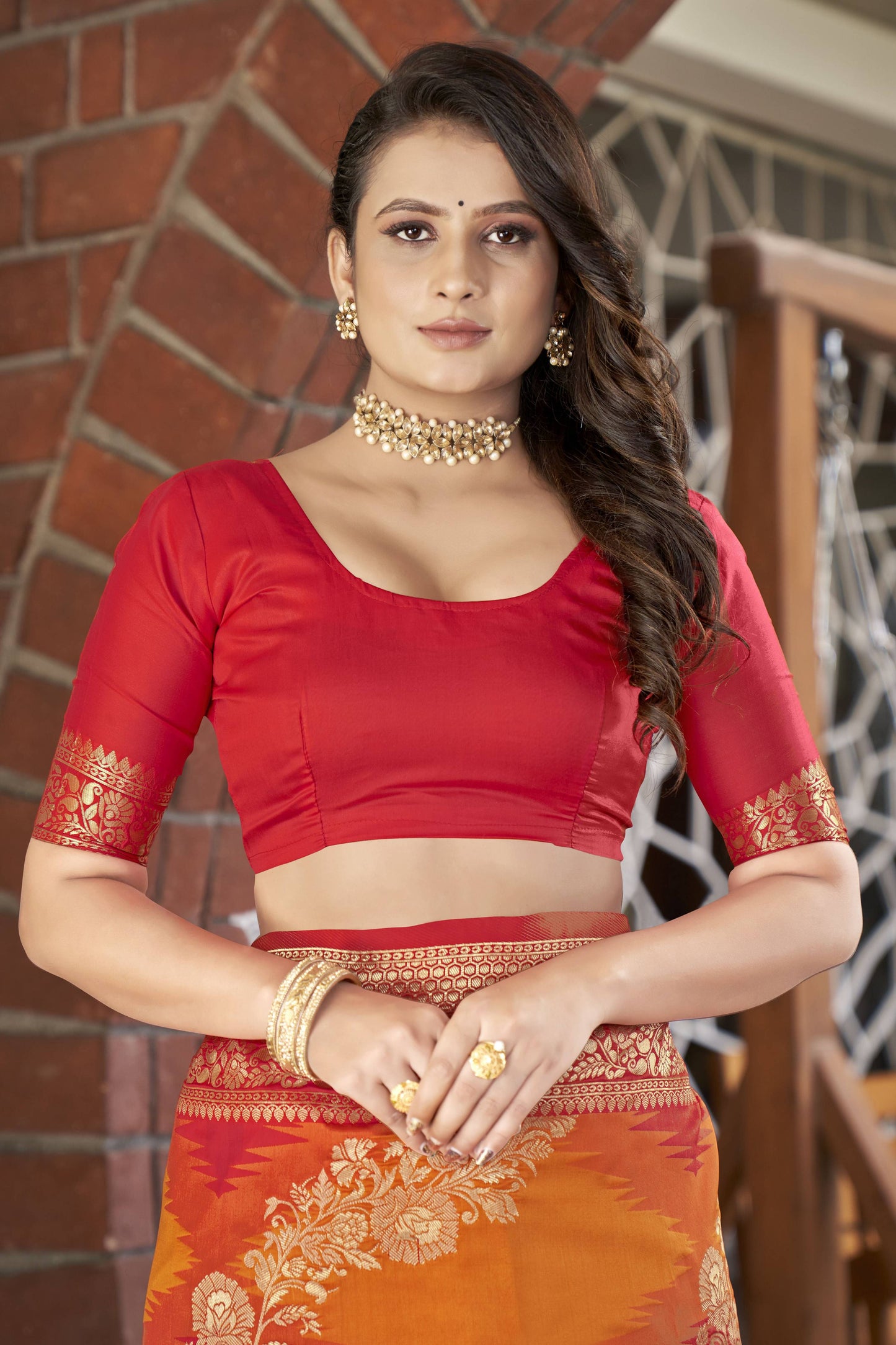 MANOHARI Banarasi Silk Blend Jacquard Work Saree - Orange - Dista