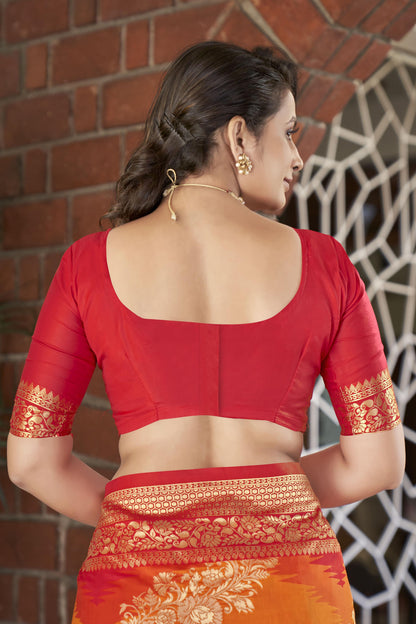 MANOHARI Banarasi Silk Blend Jacquard Work Saree - Orange - Dista