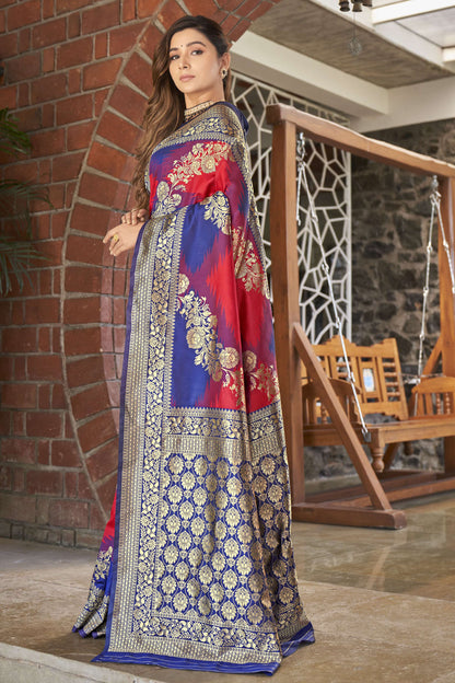 MANOHARI Banarasi Silk Blend Jacquard Work Saree - Red - Dista