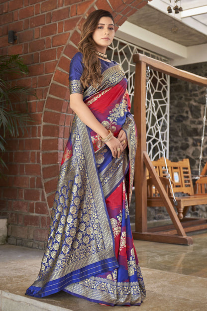 MANOHARI Banarasi Silk Blend Jacquard Work Saree - Red - Dista