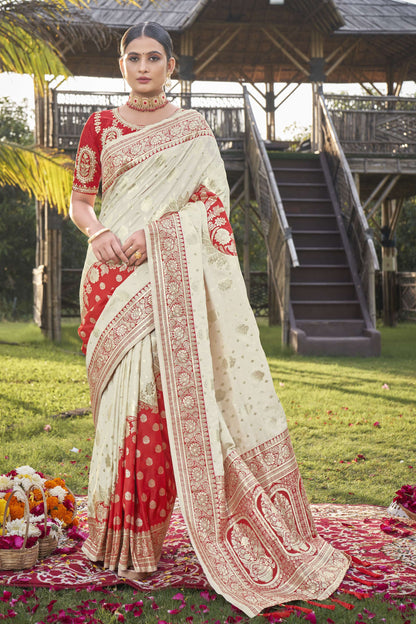 MANOHARI Banarasi Silk Blend Jacquard Work Saree - Red - Dista