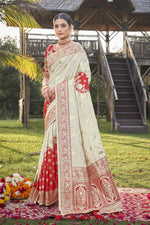 Thumbnail for MANOHARI Banarasi Silk Blend Jacquard Work Saree - Red - Dista
