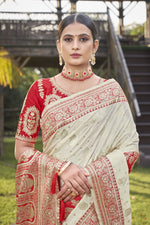 Thumbnail for MANOHARI Banarasi Silk Blend Jacquard Work Saree - Red - Dista