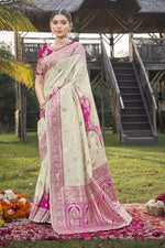 Thumbnail for MANOHARI Banarasi Silk Blend Jacquard Work Saree - Pink - Dista