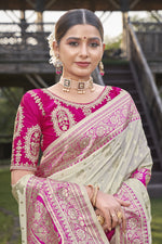 Thumbnail for MANOHARI Banarasi Silk Blend Jacquard Work Saree - Pink - Dista