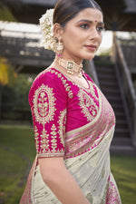 Thumbnail for MANOHARI Banarasi Silk Blend Jacquard Work Saree - Pink - Dista