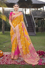 Thumbnail for MANOHARI Banarasi Silk Blend Jacquard Work Saree - Yellow - Dista