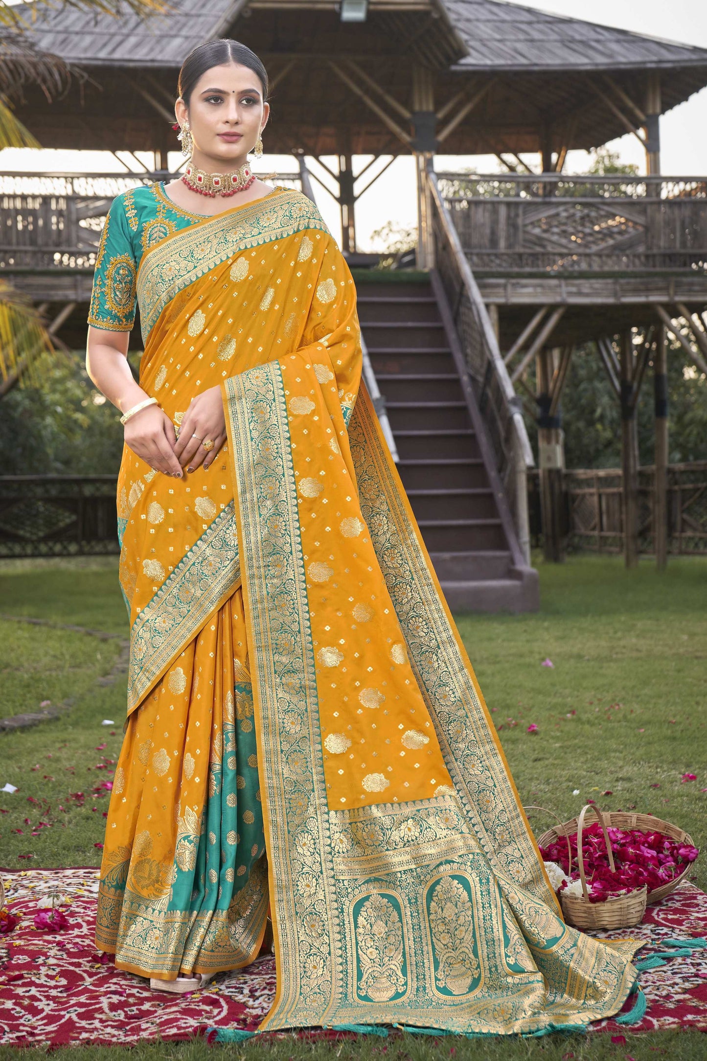 MANOHARI Banarasi Silk Blend Jacquard Work Saree - Mustard - Dista