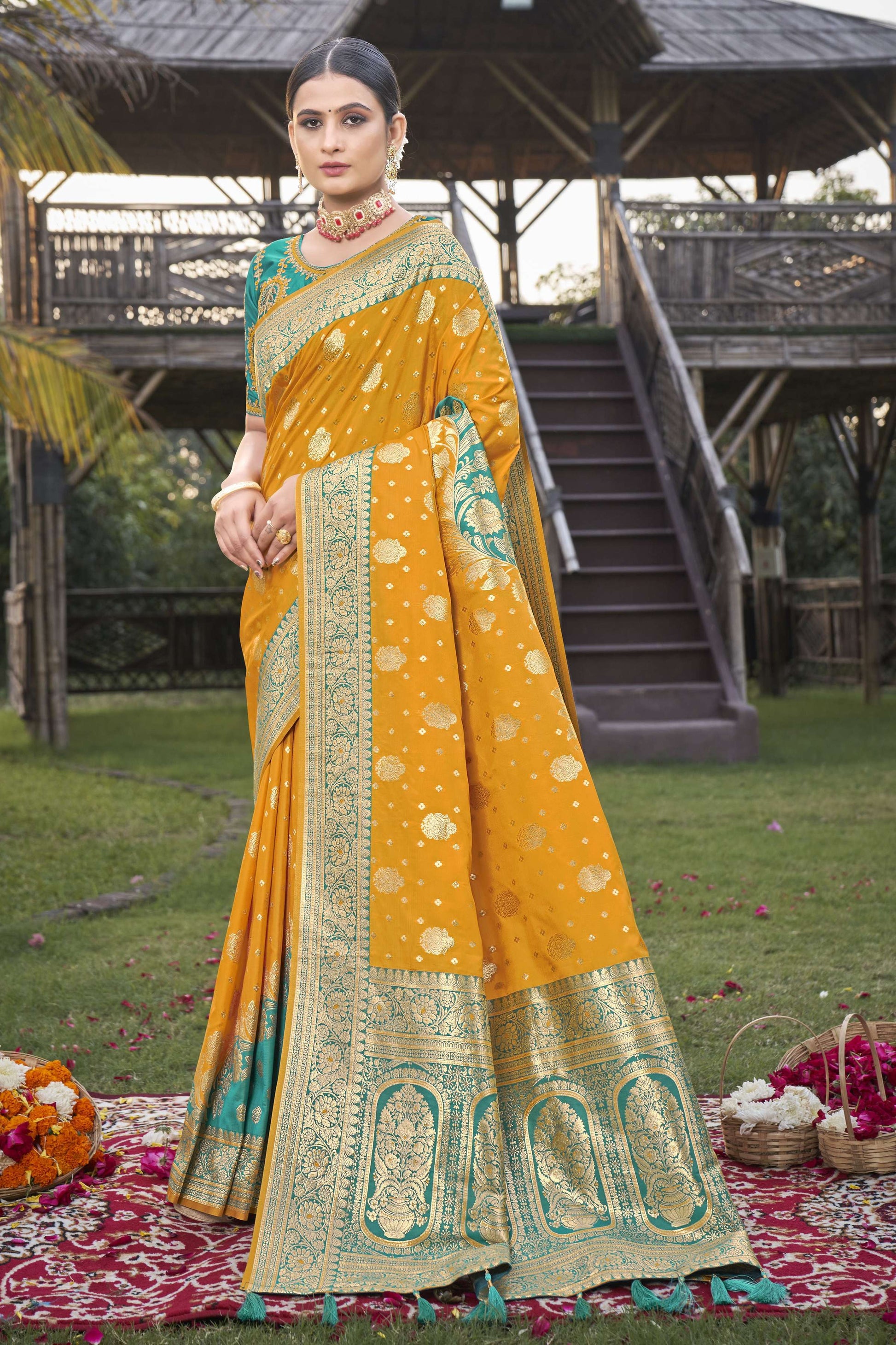 MANOHARI Banarasi Silk Blend Jacquard Work Saree - Mustard - Dista