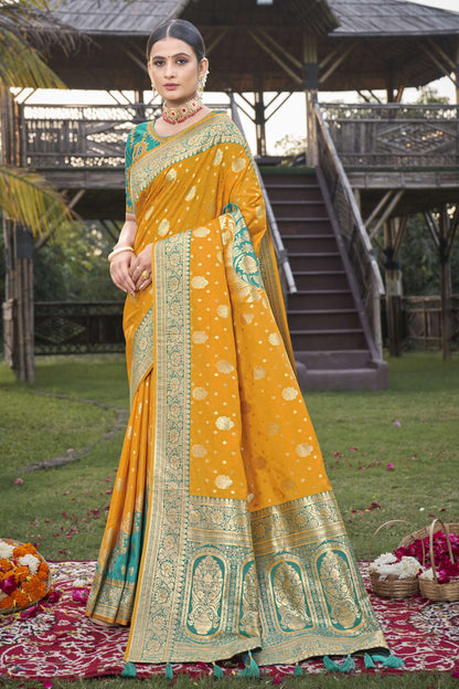 MANOHARI Banarasi Silk Blend Jacquard Work Saree - Mustard - Dista