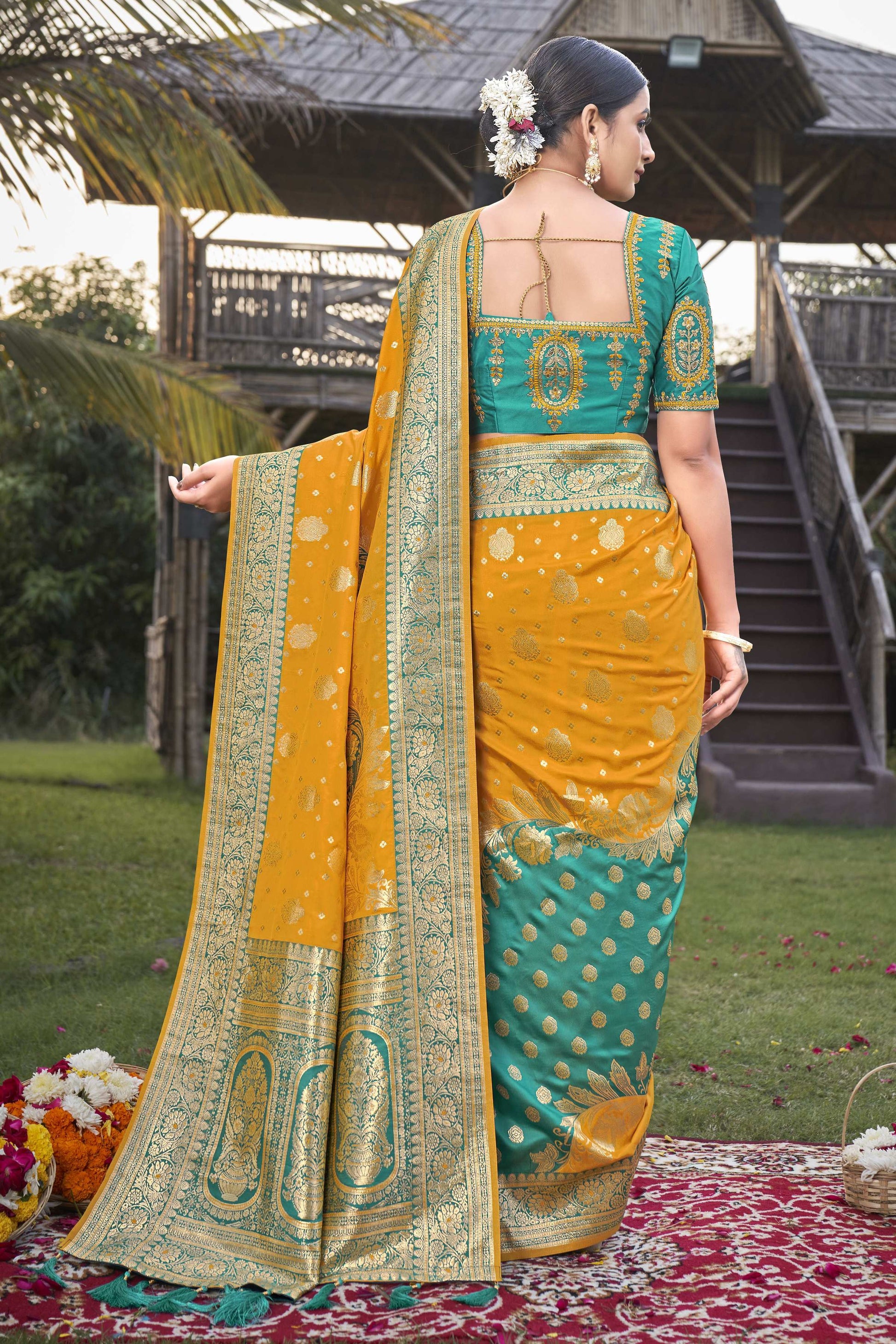 MANOHARI Banarasi Silk Blend Jacquard Work Saree - Mustard - Dista