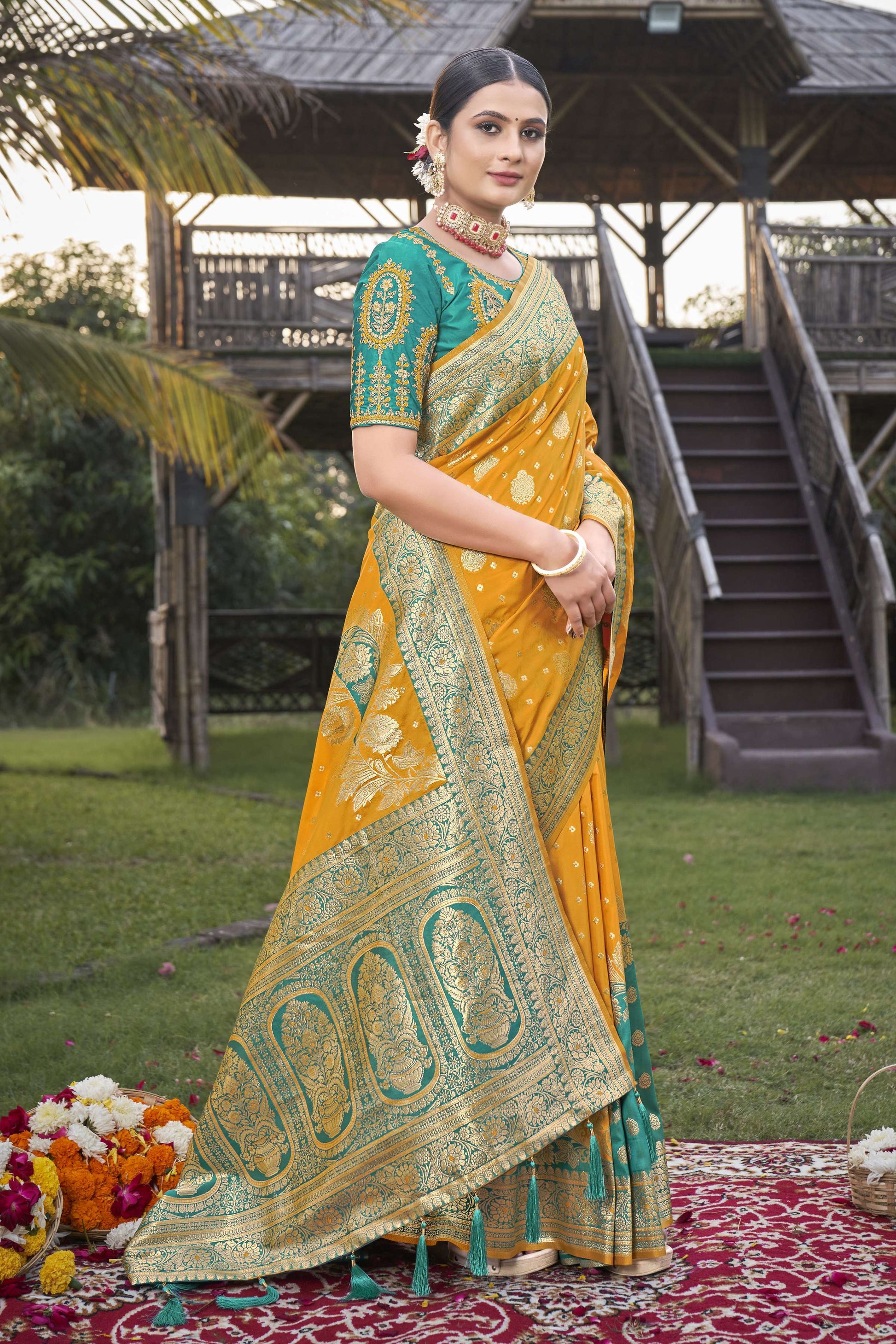 MANOHARI Banarasi Silk Blend Jacquard Work Saree - Mustard - Dista