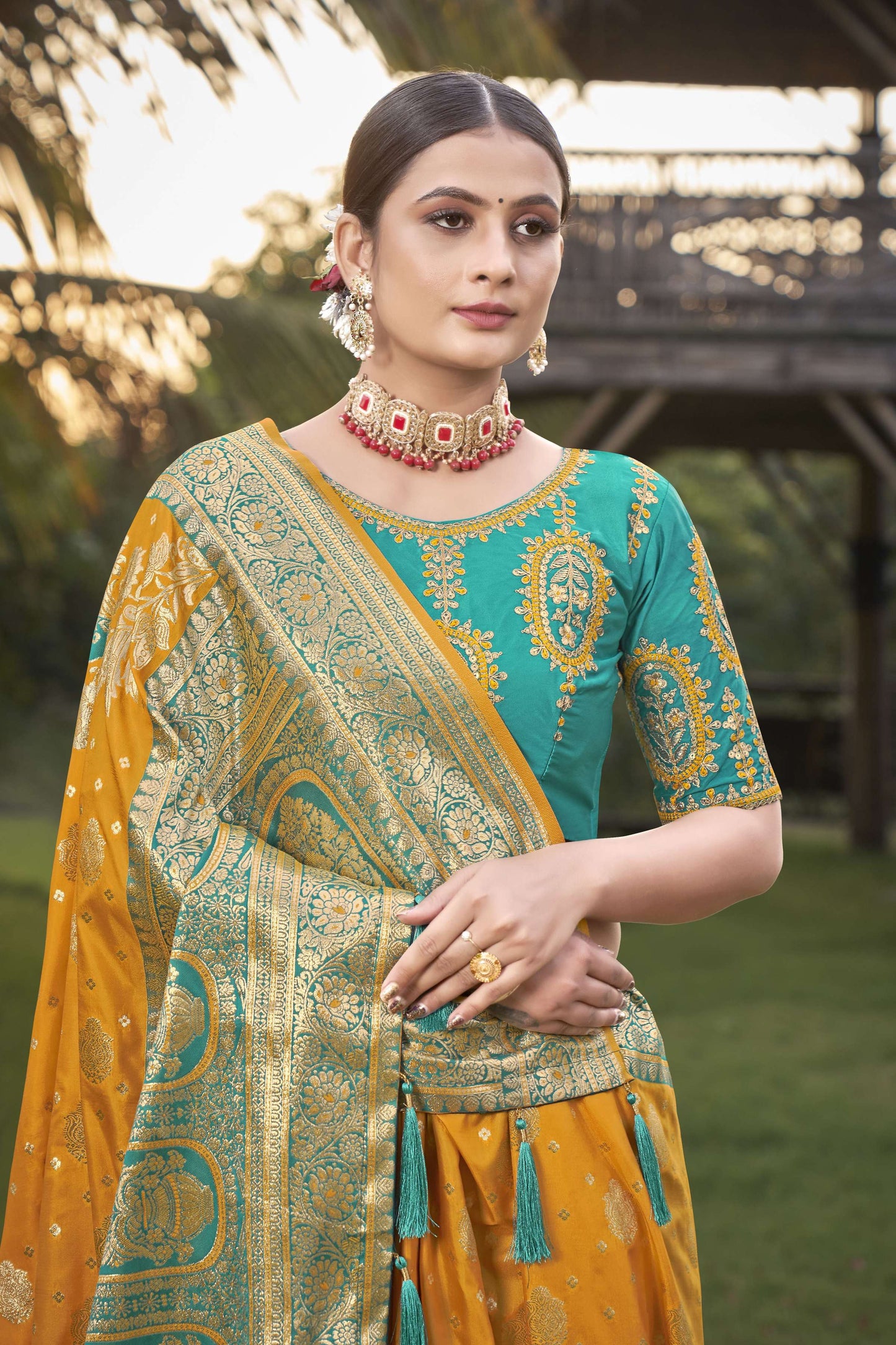 MANOHARI Banarasi Silk Blend Jacquard Work Saree - Mustard - Dista
