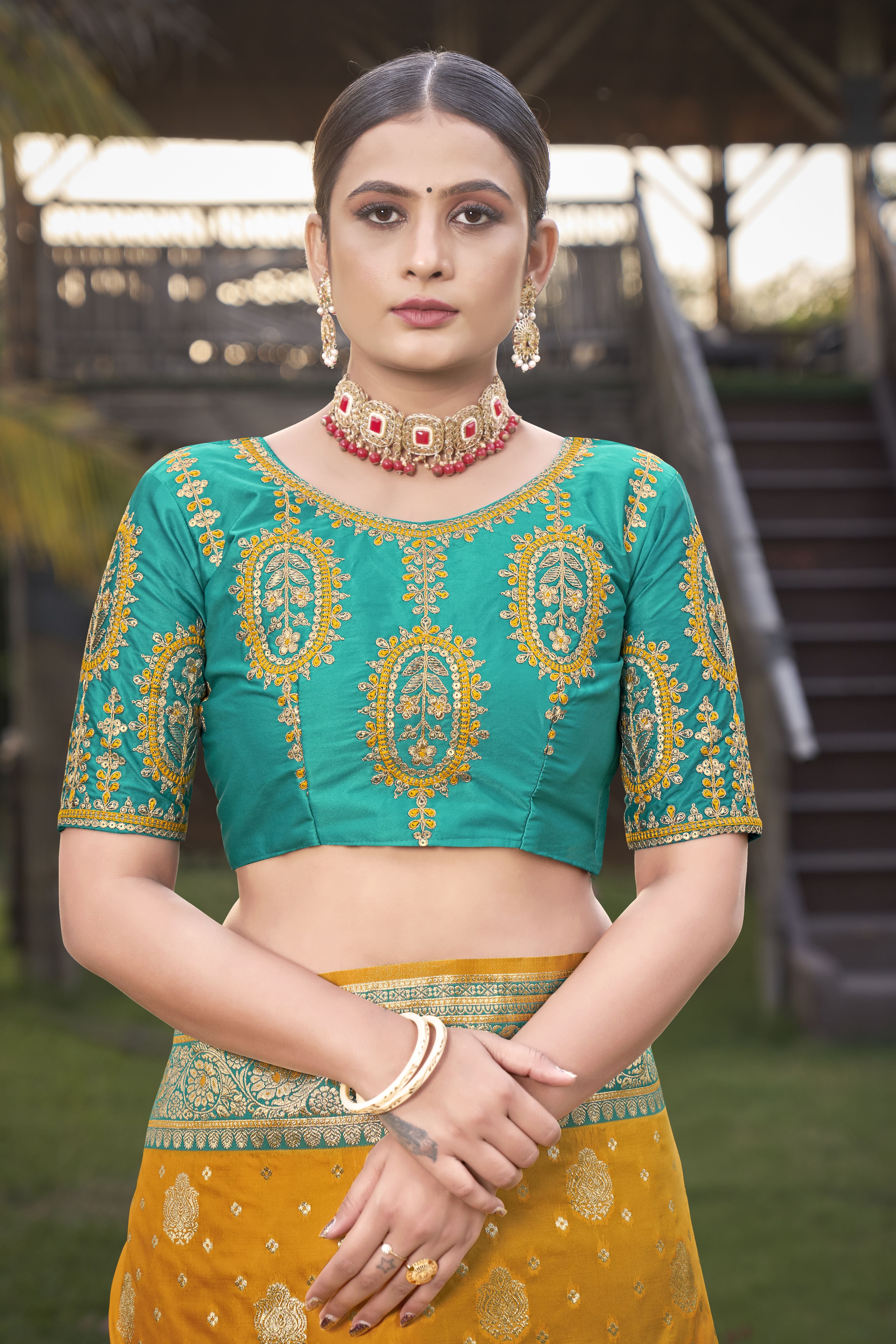 MANOHARI Banarasi Silk Blend Jacquard Work Saree - Mustard - Dista