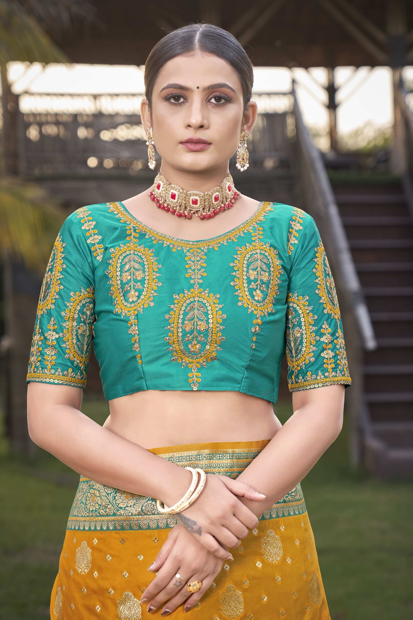 MANOHARI Banarasi Silk Blend Jacquard Work Saree - Mustard - Dista