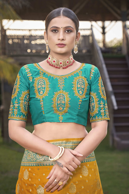 MANOHARI Banarasi Silk Blend Jacquard Work Saree - Mustard - Dista