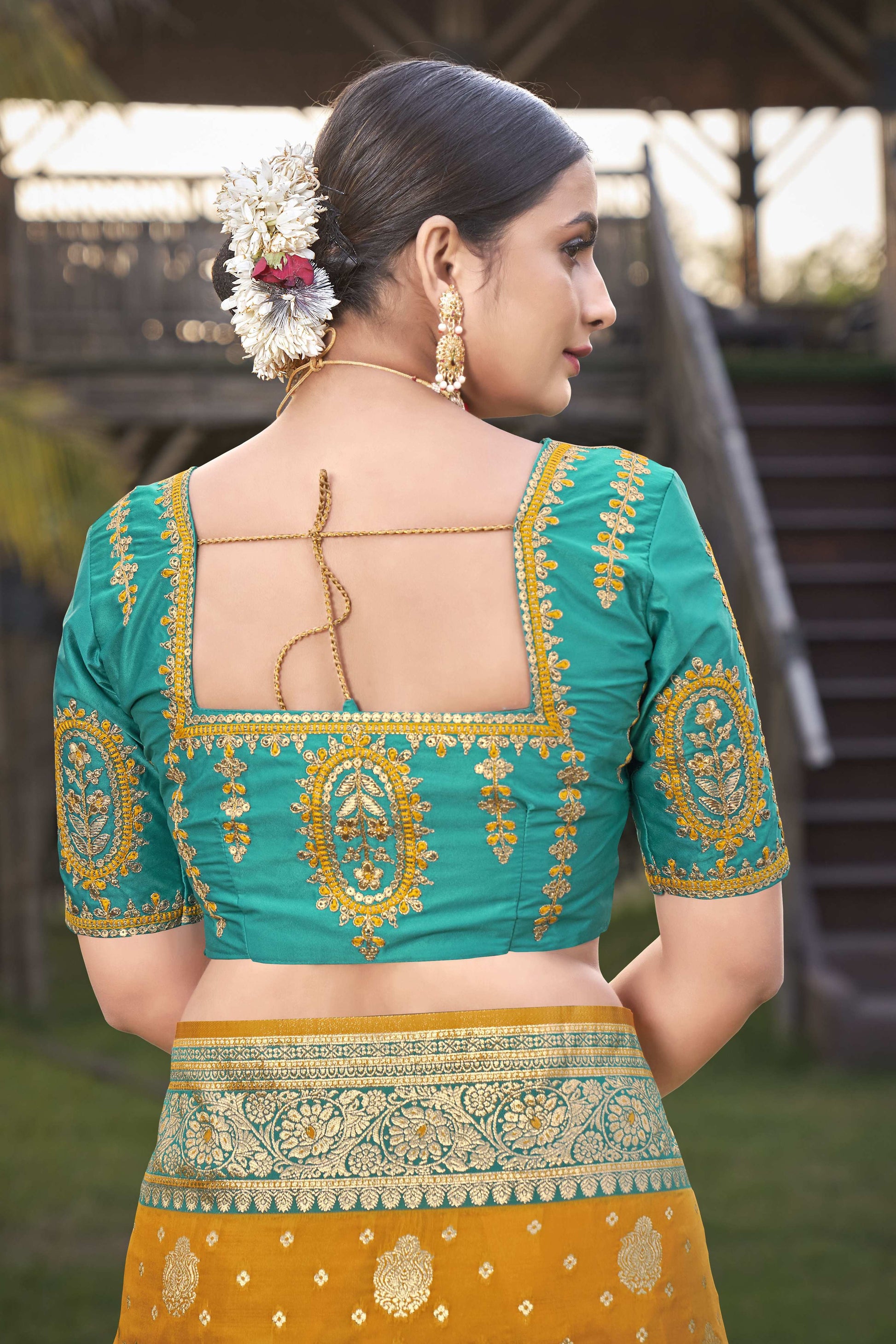 MANOHARI Banarasi Silk Blend Jacquard Work Saree - Mustard - Dista