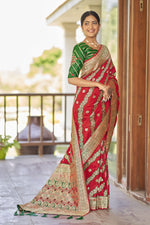 Thumbnail for MANOHARI Banarasi Silk Blend Jacquard Work Saree - Red - Dista