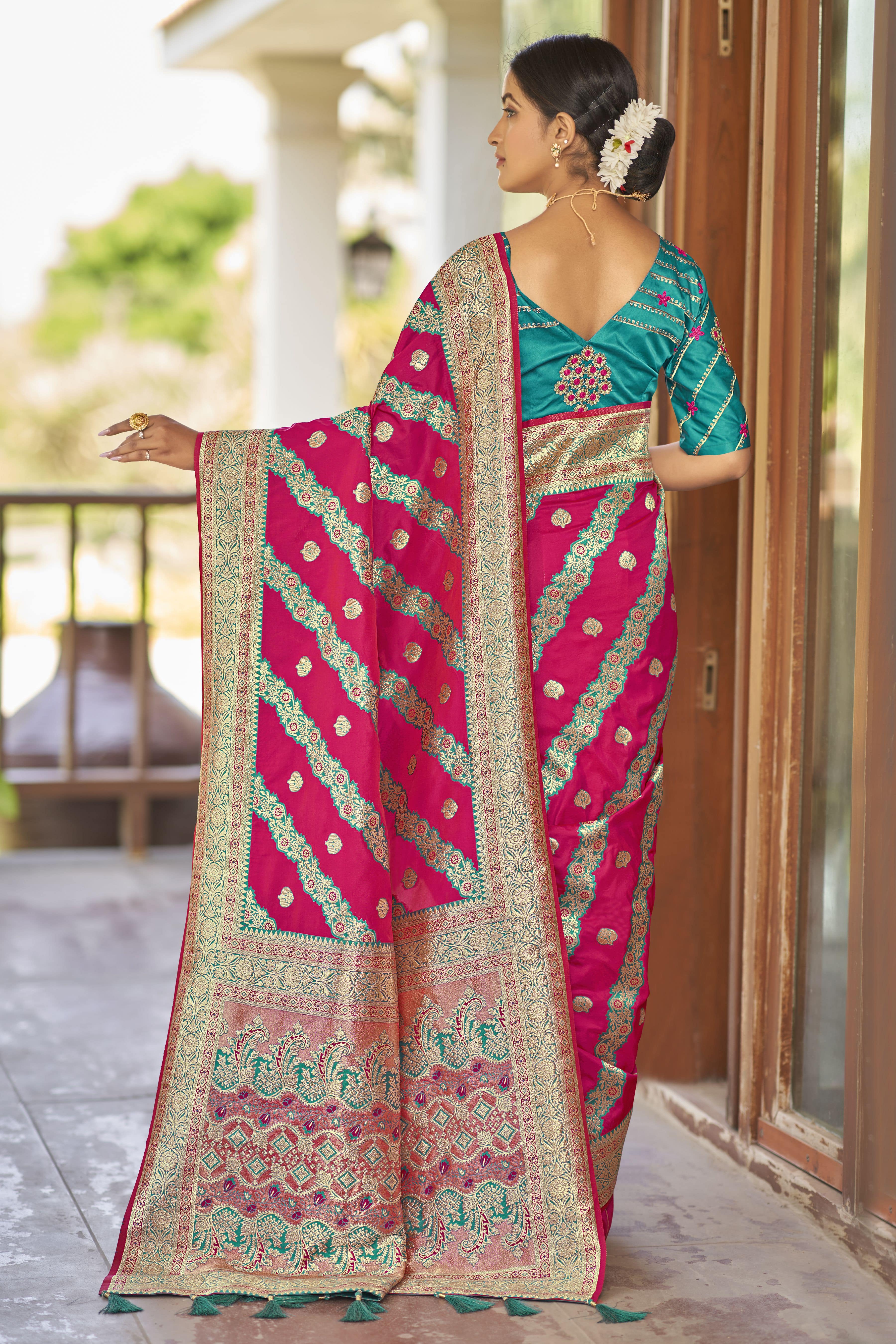 MANOHARI Banarasi Silk Blend Jacquard Work Saree - Pink - Dista