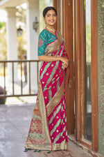 Thumbnail for MANOHARI Banarasi Silk Blend Jacquard Work Saree - Pink - Dista
