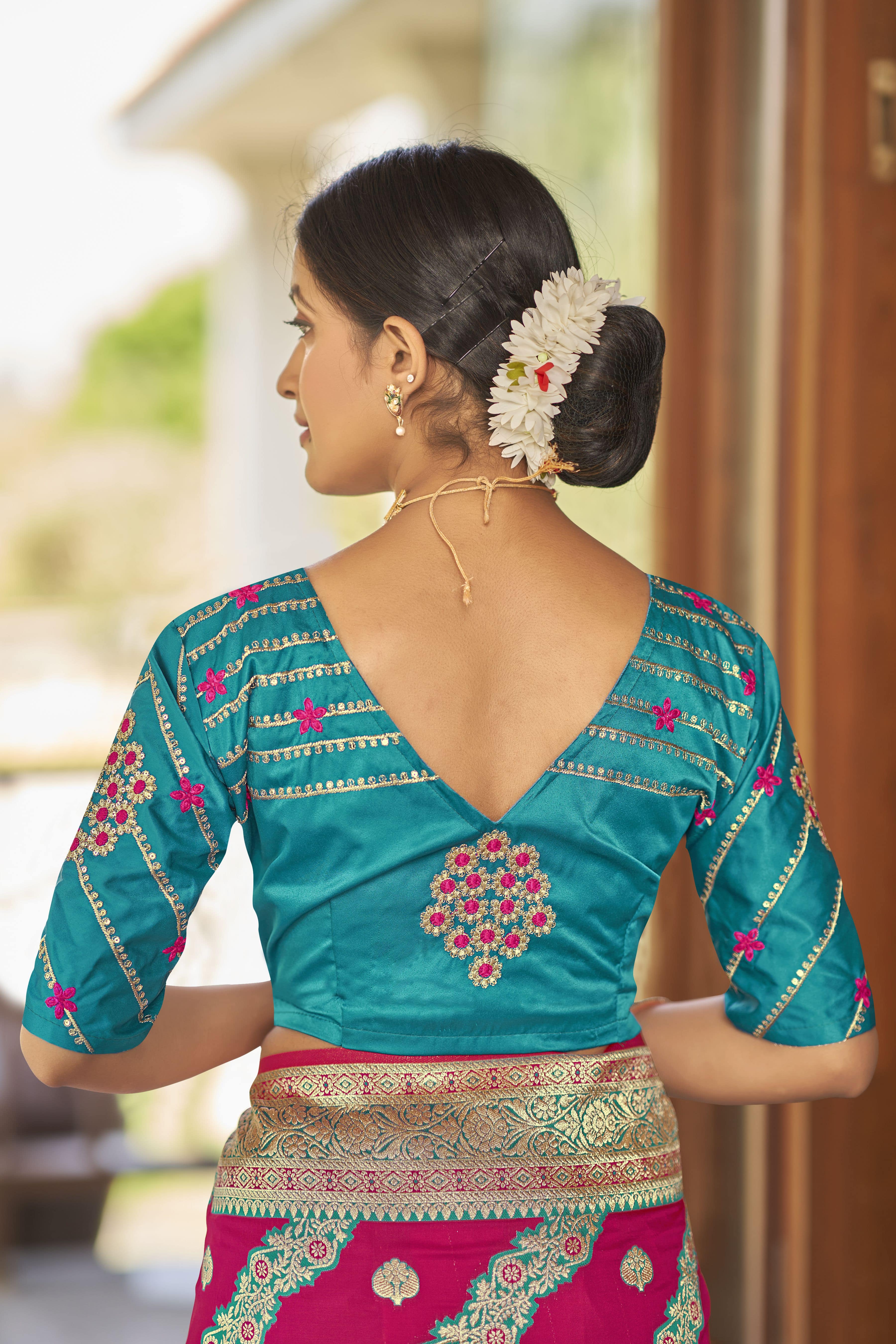 MANOHARI Banarasi Silk Blend Jacquard Work Saree - Pink - Dista