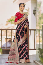 Thumbnail for MANOHARI Banarasi Silk Blend Jacquard Work Saree - Black - Dista