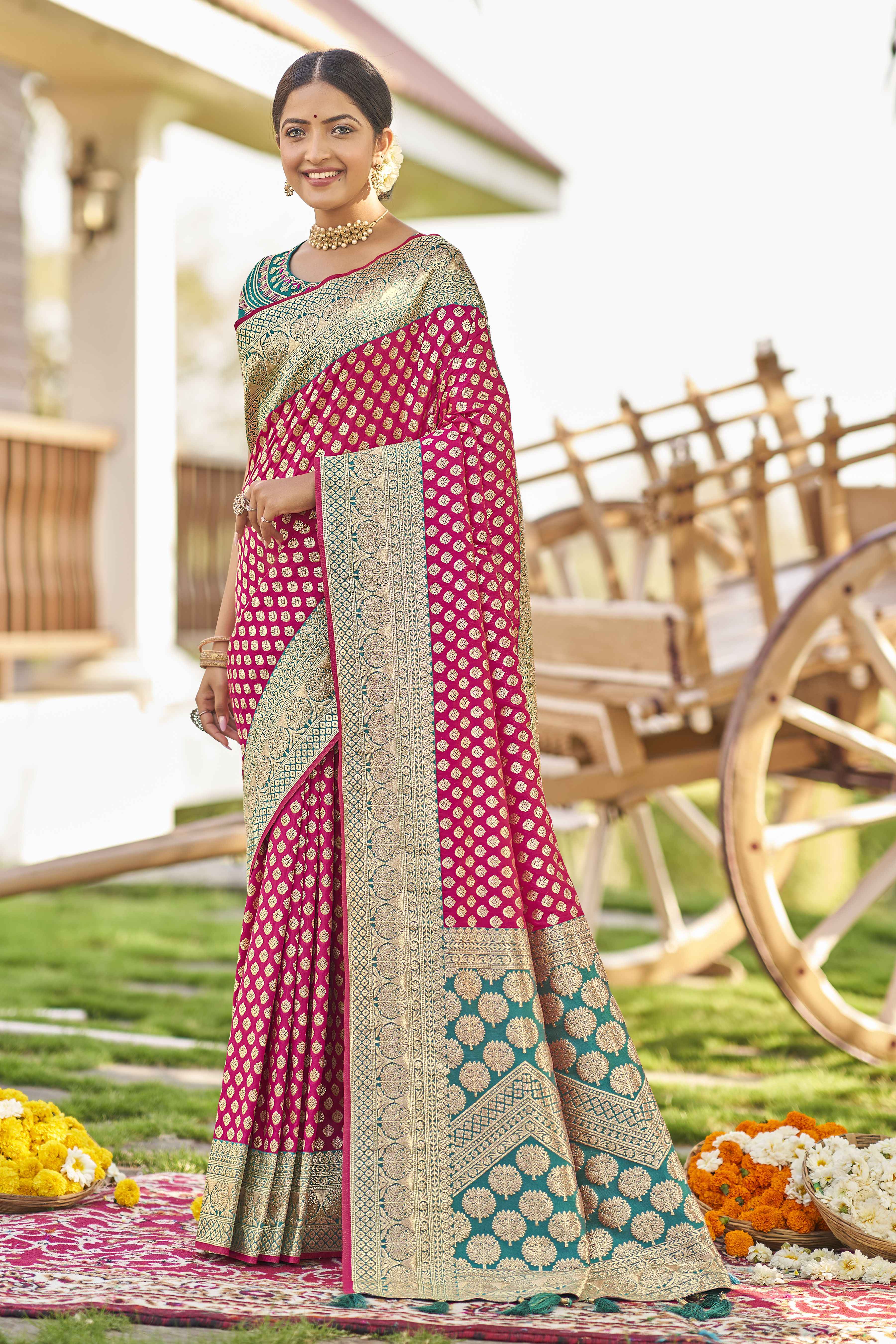 MANOHARI Banarasi Silk Blend Jacquard Work Saree - Pink - Dista