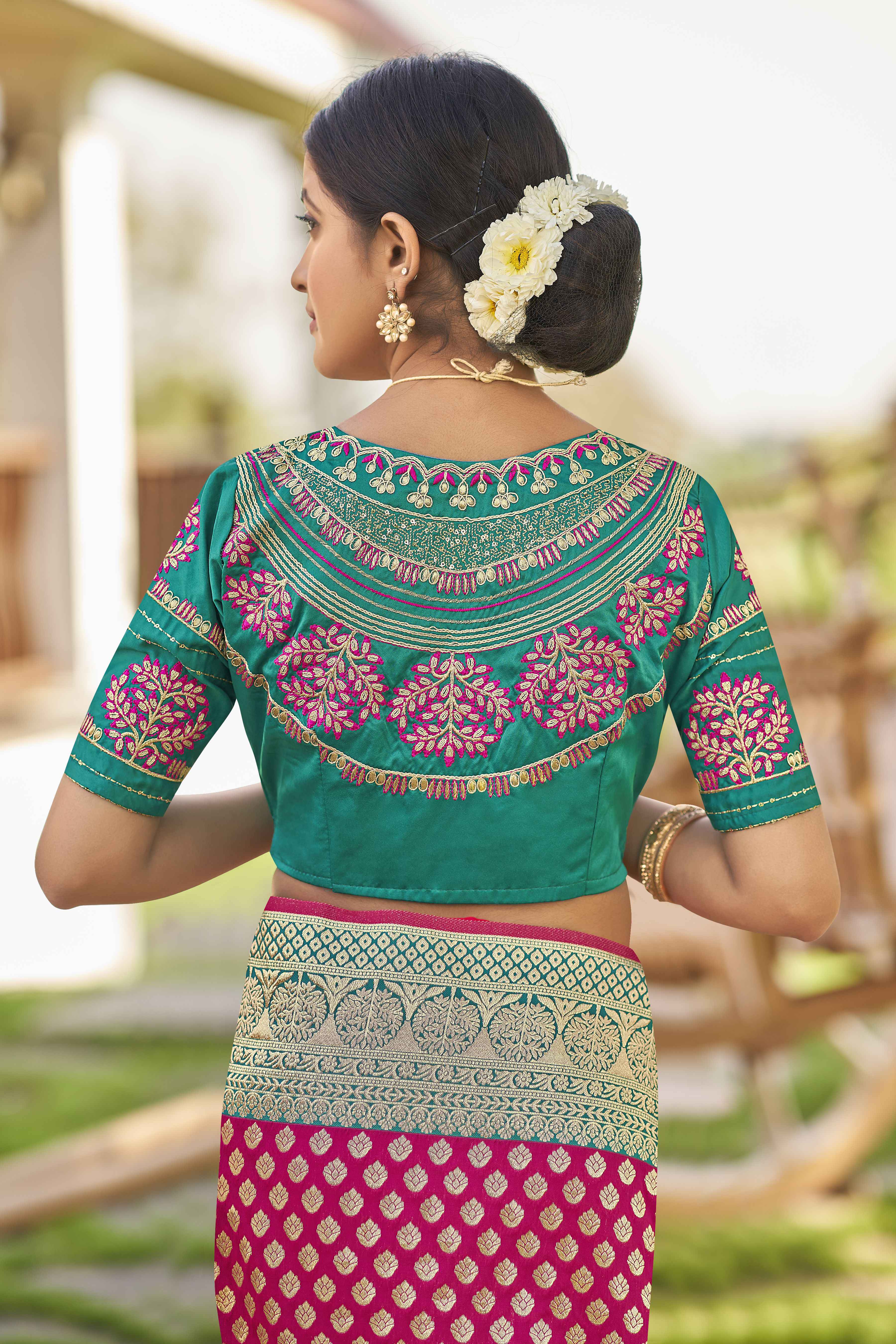 MANOHARI Banarasi Silk Blend Jacquard Work Saree - Pink - Dista