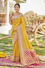 Thumbnail for MANOHARI Banarasi Silk Blend Jacquard Work Saree - Yellow - Dista