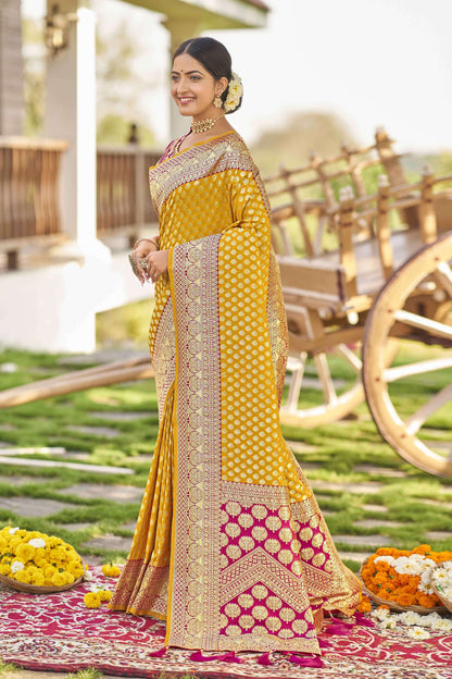 MANOHARI Banarasi Silk Blend Jacquard Work Saree - Yellow - Dista