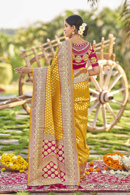MANOHARI Banarasi Silk Blend Jacquard Work Saree - Yellow - Dista
