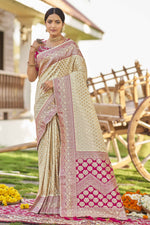 Thumbnail for MANOHARI Banarasi Silk Blend Jacquard Work Saree - White - Dista